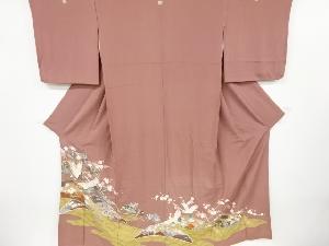 リサイクル　松梅鶴模様刺繍五つ紋色留袖(比翼付き)